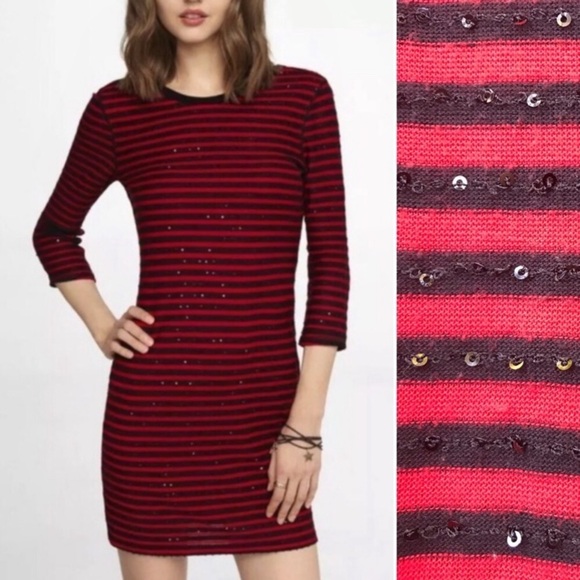 EXPRESS Red & Black Striped Sequin scoop Back Bodycon Dress - Picture 2 of 11